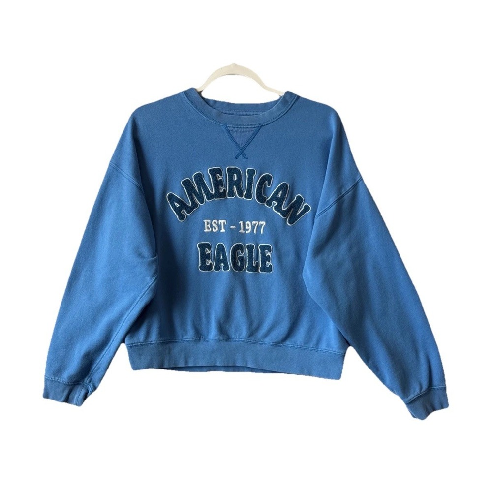 American Eagle Blue Funday Graphic Soft Sweatshirt M Sapphire Mist Varsity Retro